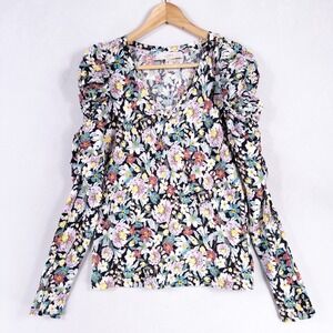 LOFT Shirt Knit Top Size XS Multicolor Floral Textured Long Puff Sleeve V Neck